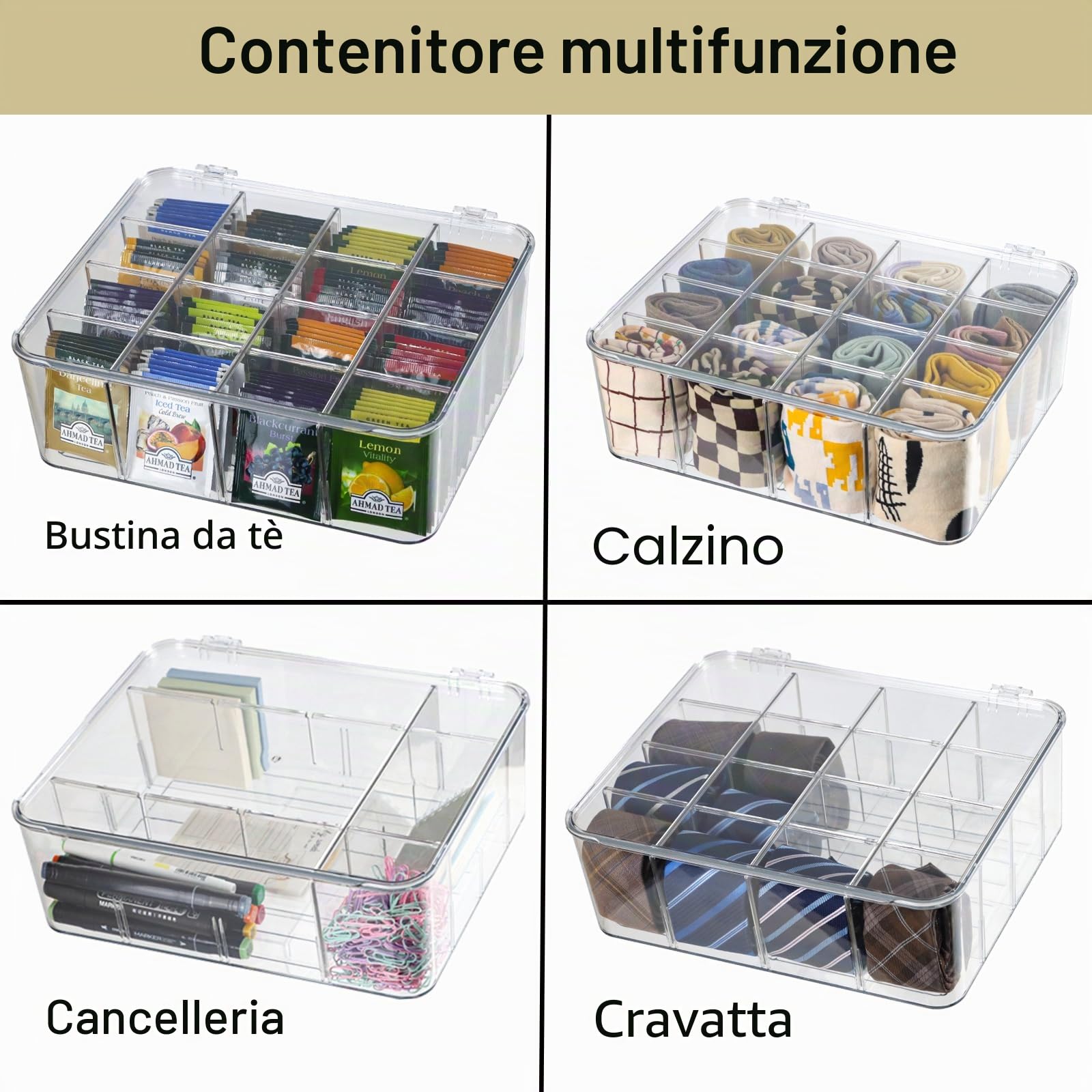 ZEXALOR Divisori per cassetti per calzini, biancheria intima, 16 scomparti rimovibili in plastica con coperchio, organizer per sciarpe, cravatte, reggiseni, organizer per cassetti e cassettiere grigio