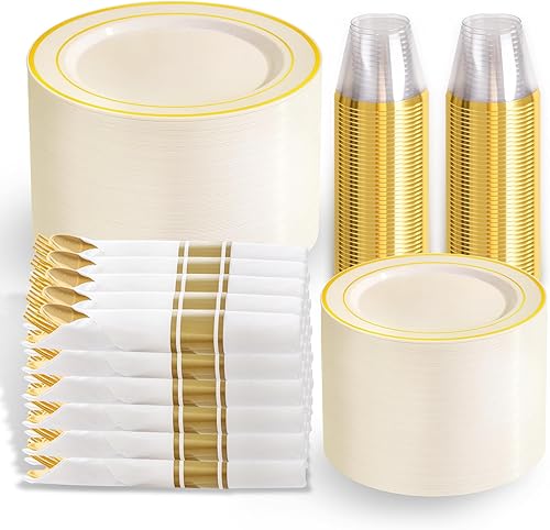 Miniatura 27 de WELLIFE 350 platos de plástico dorado transparente, 100 platos desechables, 150 cubiertos de plástico, 50 tazas, 50 servilletas para bodas y fiestas