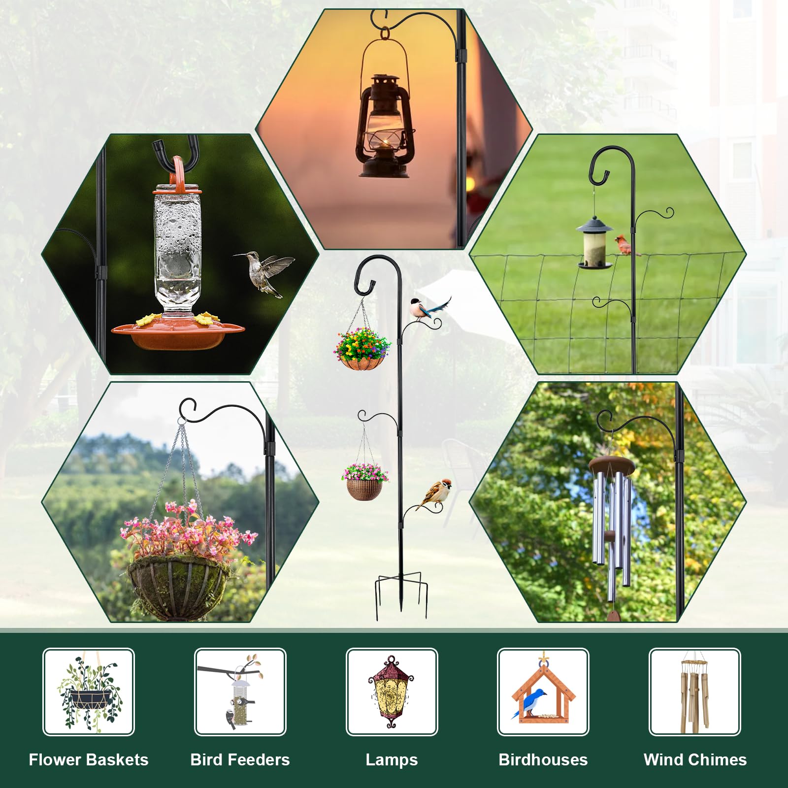 Asta Decorativa Giardino in Metallo, Gancio da Pastore per Esterno, Asta da Giardino Regolabile con 3 Ganci, Supporto Metallico per Piante Pendenti, Mangiatoie Uccelli e Lanterne - 193cm, Nero