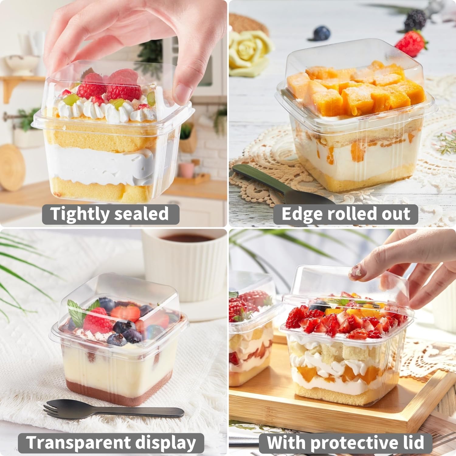 LATERN 50 Piezas Tazas de Postre de Plástico con Tapas, 360ml /8oz Cajas Cuadradas Copa de Aperitivo de Parfait Transparente Cuenco para Servir Reutilizable con Tenedores para Fiesta de Mousse Tartas