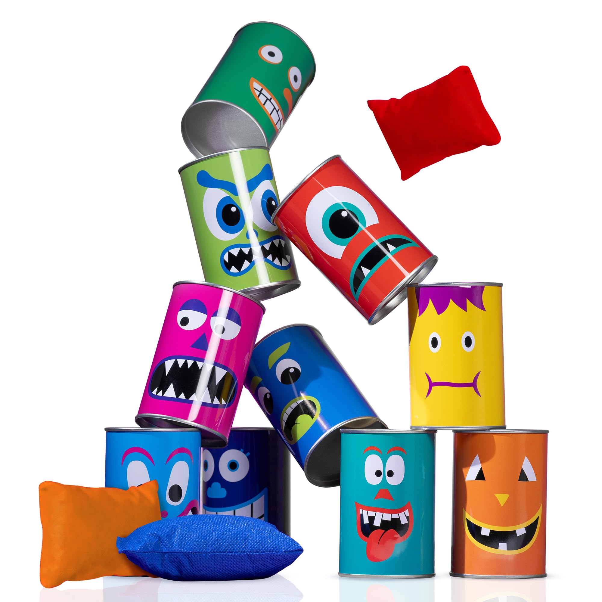 Hillington Tin Can Alley Game - Bean Bag Can Toss Game with 10 Sealed Monster-Themed and 3 Beanbags, Classic Tin Can Alley Shooting Game - Indoor & Outdoor Fairground Games