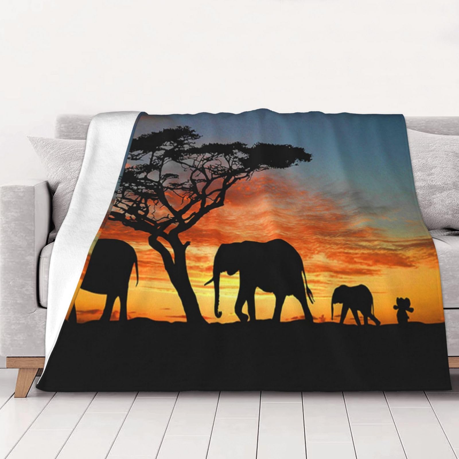AUBKFELD African Elephant Printed Flannel Throw Blanket 152x127 Cm - Soft Warm Blankets Throw For Bed Couch Office Travel Beach Picnic