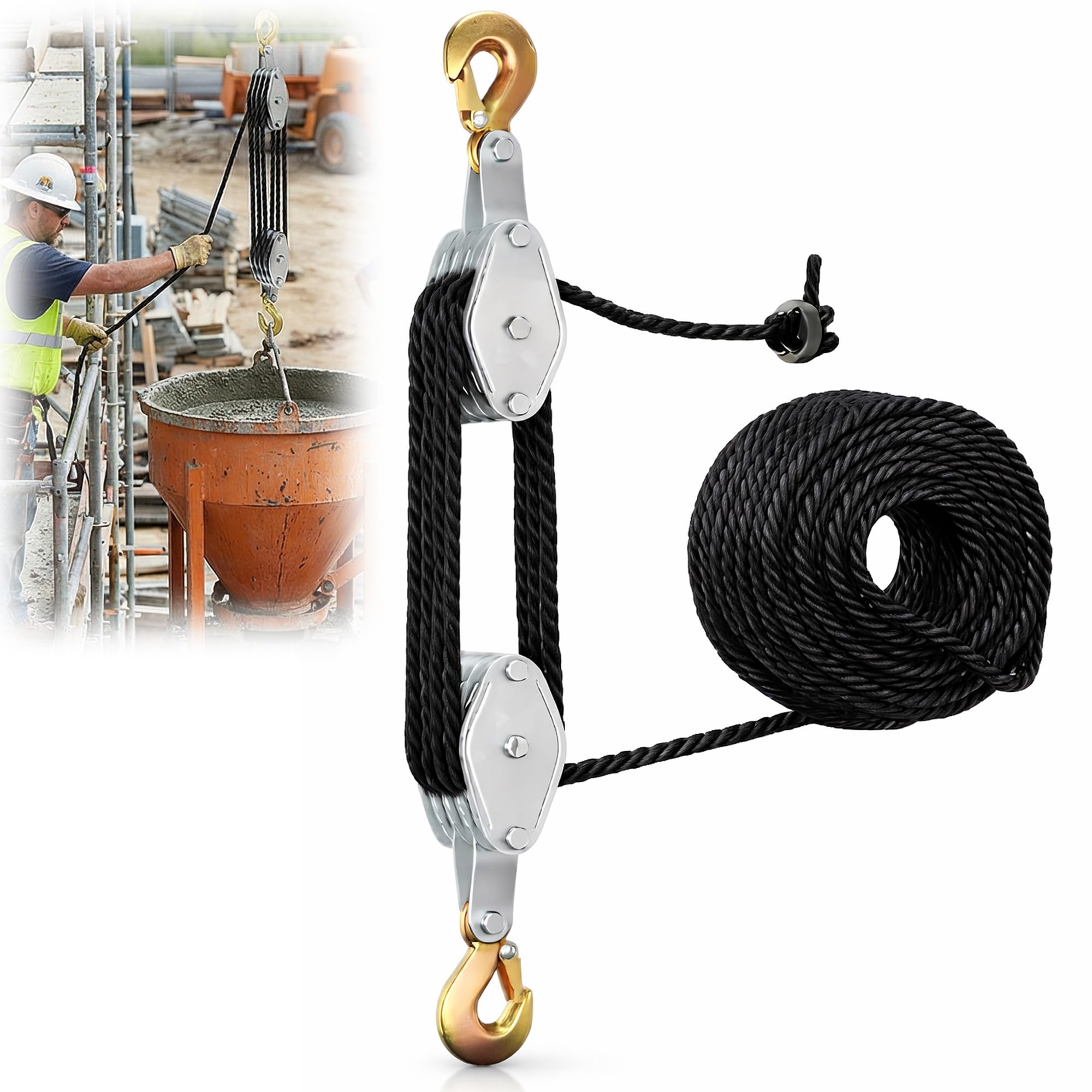 Palan économiseur de travail avec frein à corde : 2000 kg max et force de levage 8:1, palan avec corde et crochet pour garages et chantiers industriels, Noir