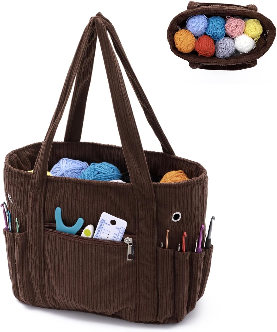 Freie Liebe Corduroy Crochet Bag and Tote, Large Yarn Bag with Grommets, Yarn Storage Organizer Knitting Accessories for Crochet Hooks