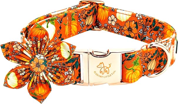 Elegant little tail Fall Dog Collar, Halloween Pet Collars with Flower Cute Pumpkin Print Puppy Collar Female or Male Cotton Adjustable Collars for Small Medium Large Dogs