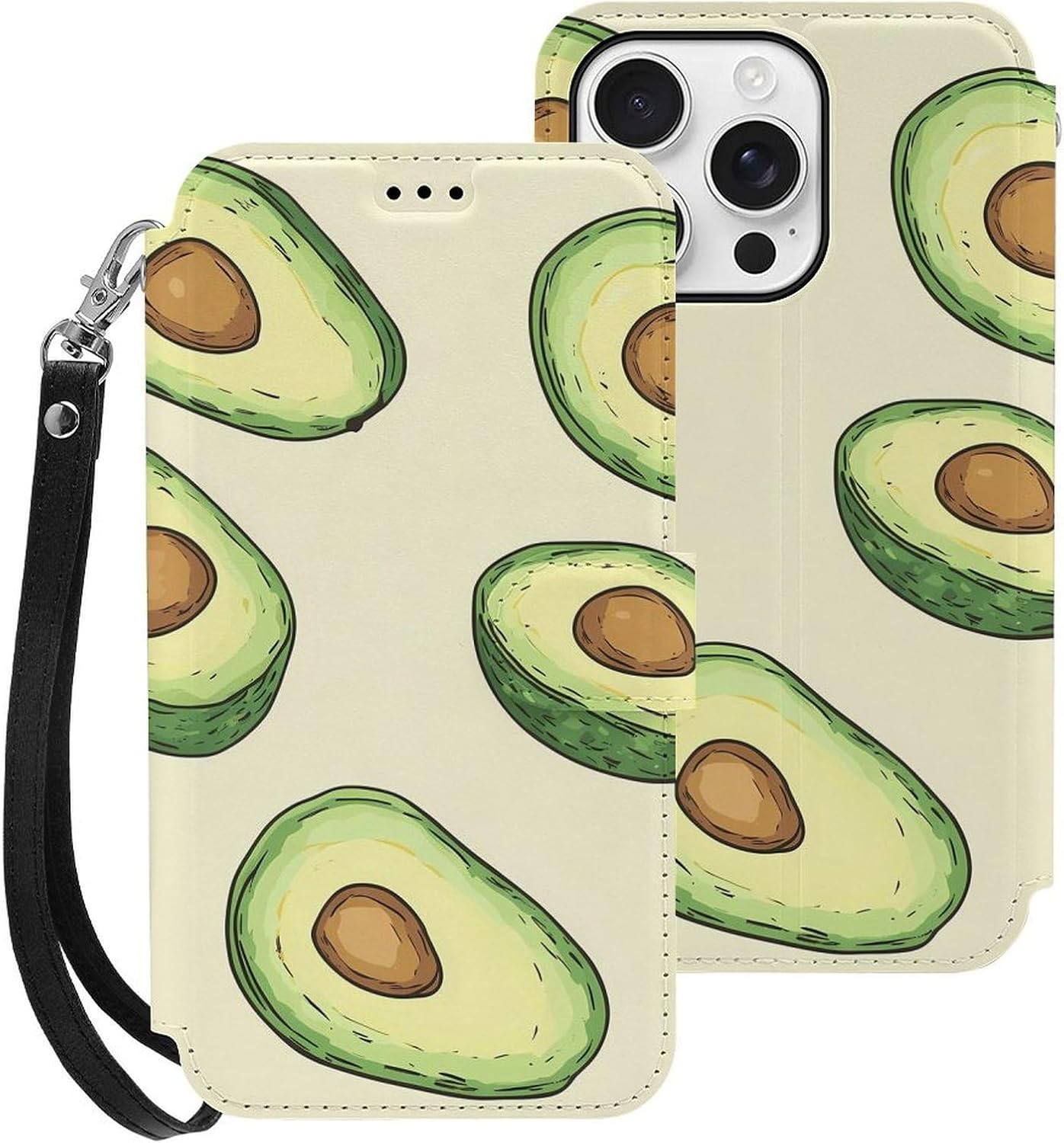 Cut Avocados Compatible with iPhone 16/16 Plus/16 Pro/16 Pro Max/16 E Case Phone Wallet Card Holder Flip Cover with Wrist Strap