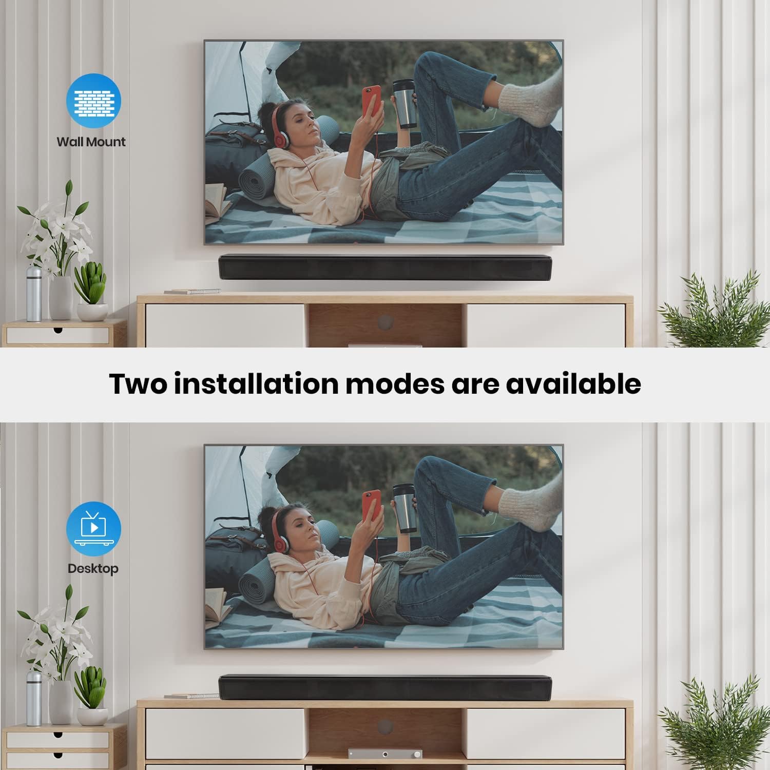 Two installation options for the soundbar: wall-mounted and desktop placement