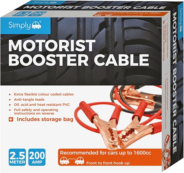 Simply SM200B Boxed Motorist Jump Leads Booster Cable 200AMP 2.5M Long Anti-tangle leads Oil acid and heat resistant PVC Fully Insulated Metal Clips and Operating Instructions