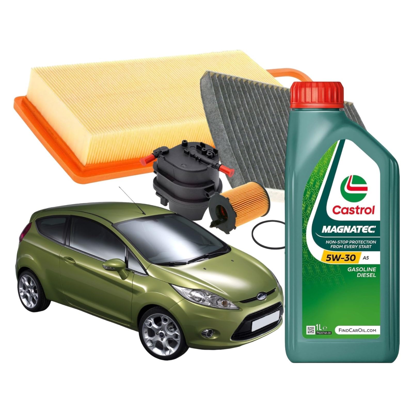 Ricambi Auto Smc Kit Tagliando Per Ford Fiesta VI Con 4 Litri Di Olio Motore Castrol Magnatec 5w30 A5, 385x139x48 mm, 83x72 mm, 131x132 mm, 239x190x20 mm