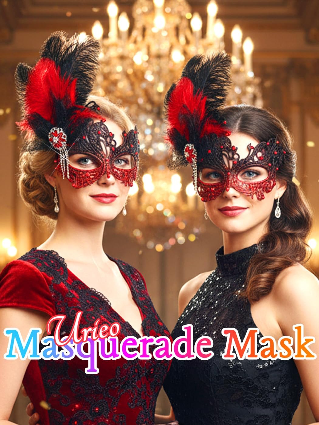 Urieo Feather Masquerade Mask Lace Venetian Mask Rhinestone Cosplay Masks for Women