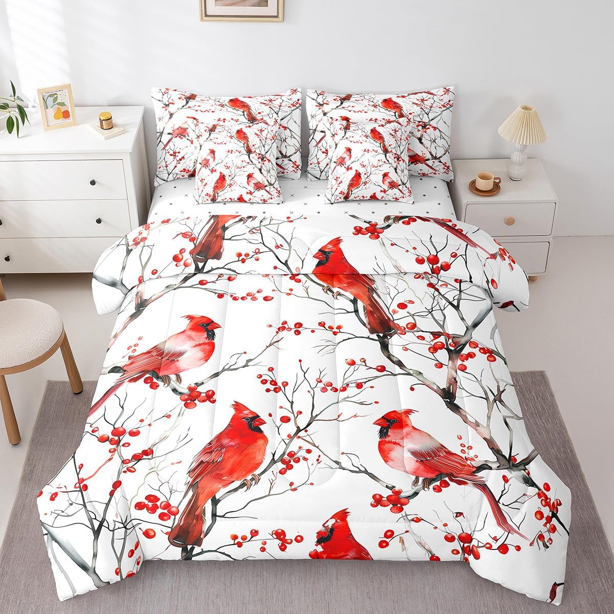 Erosebridal Cardinal Comforter Set with Sheets Queen Size Red Bird 7 Piece Bedding Set for Kids Men Women Natural Safari Branches Rustic White Lightweight Bed in A Bag