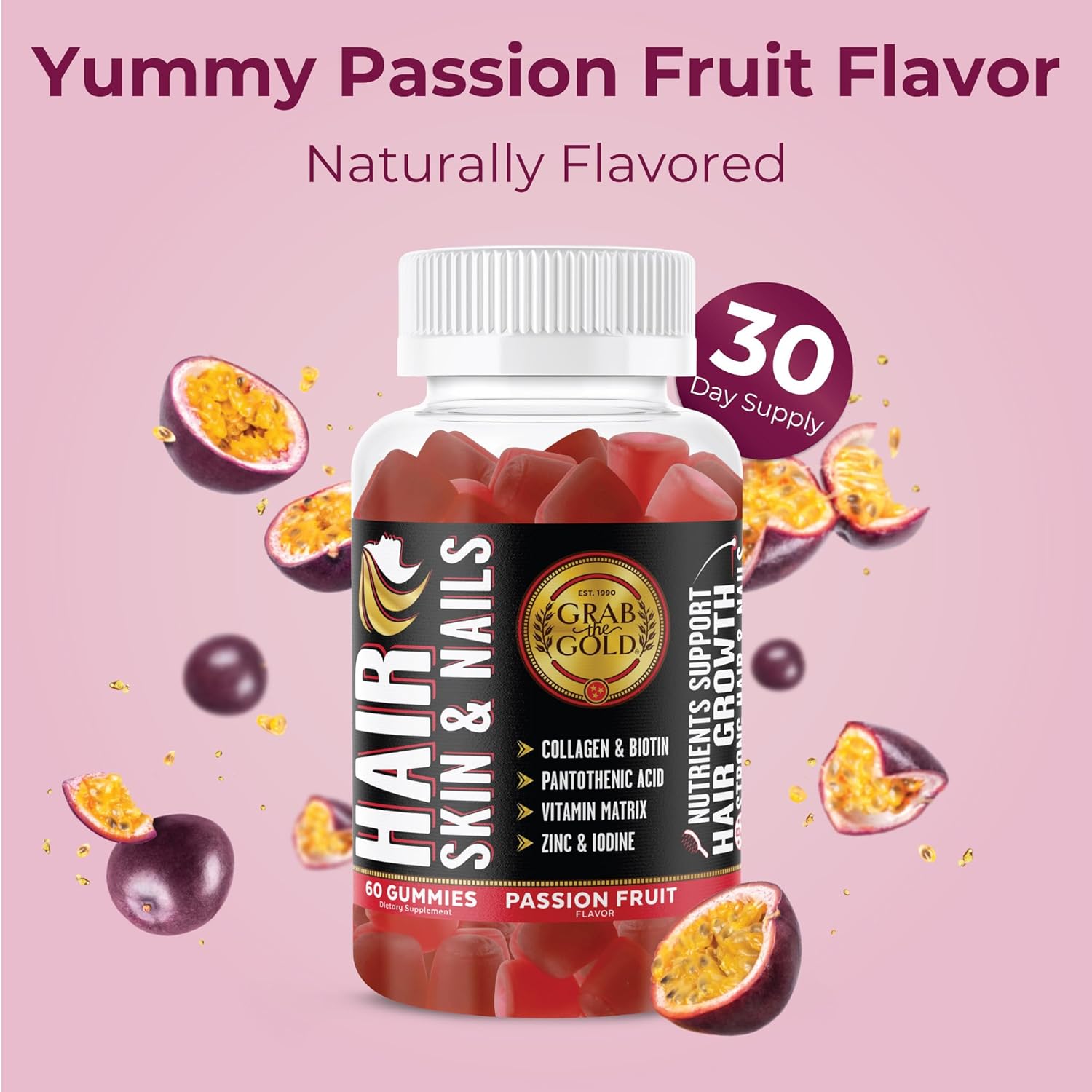 Grab The Gold Hair Skin & Nails Vitamins for Women | Gummies with 6000mcg Biotin & Collagen | 10 Essential Vitamin & Minerals | Gluten-Free, Non-GMO, Passion Fruit Flavor | 1 Month Supply - Image 8