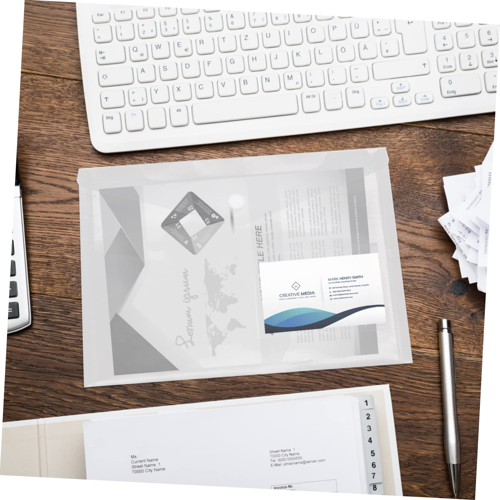 PLAFOPE Borsa Documenti A5 in Pp con Bottone a Pressione e Tasca per Carte da Visita 20pezzi Contenitore per Documenti Trasparente con Ampia Capacità