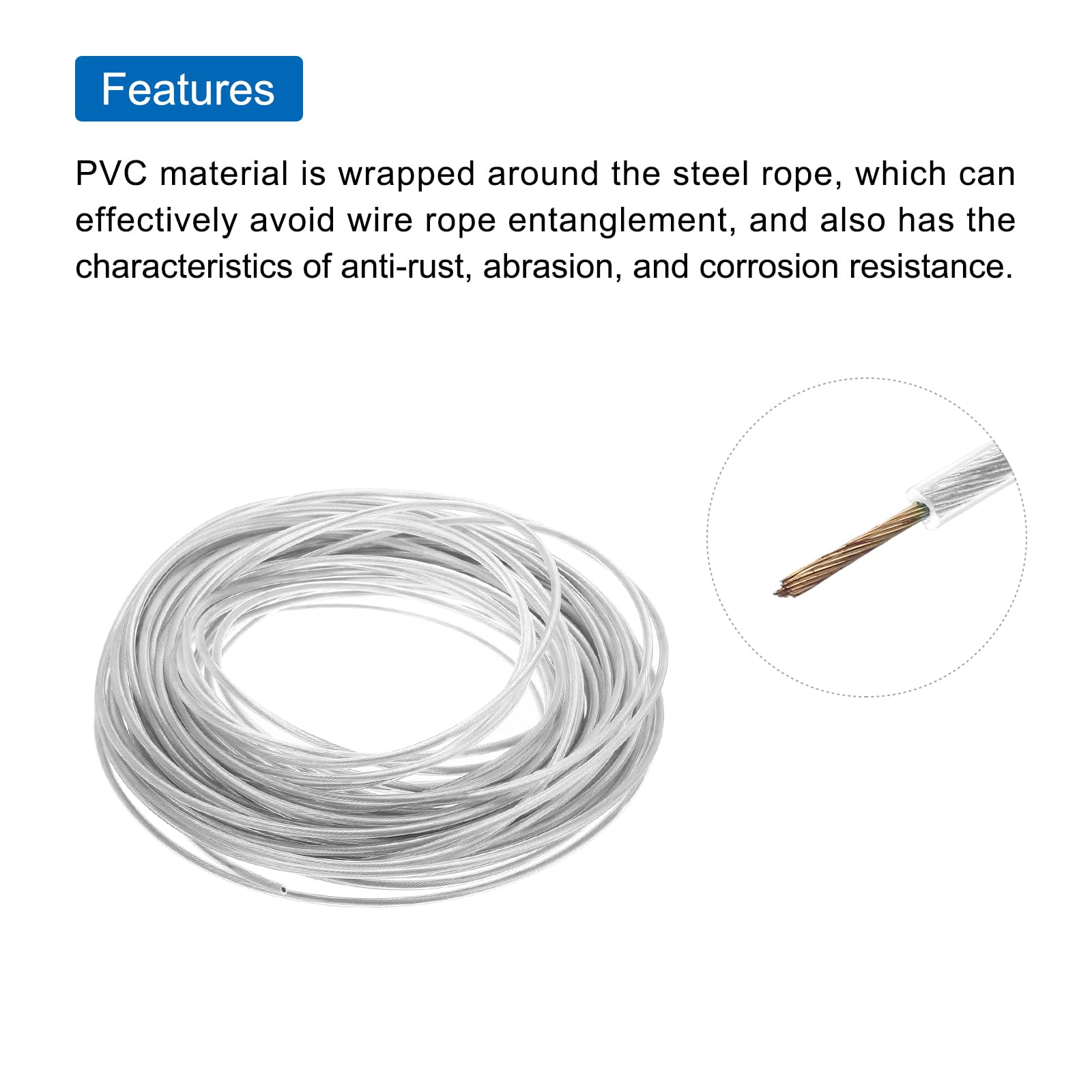 QUARKZMAN 4mm (5/32") Cavo Acciaio Rivestito Trasparente, 30m/98ft Cavo Acciaio Zincato con 6Pz M5 Maniche a Anello Morsetti Stendibiancheria per Appendere Luci Corda, Ringhiere Ponti