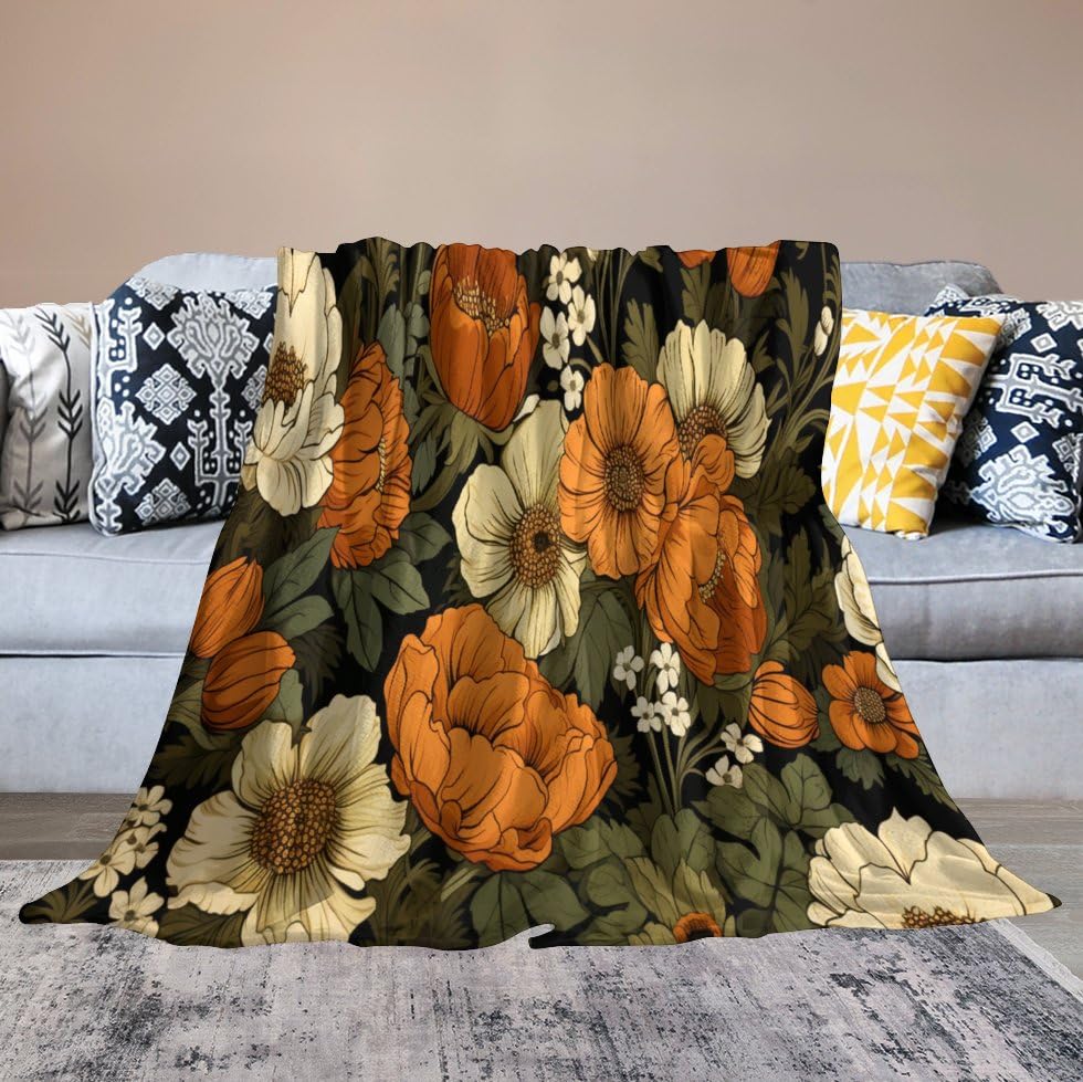 Amazon.com: Blanket Orange and Green Flowers Throw Blanket