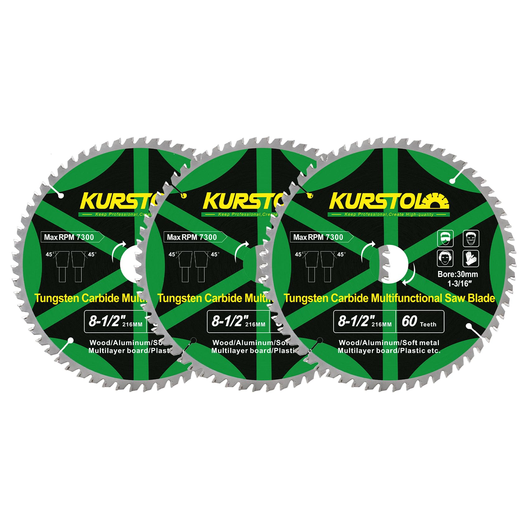 KURSTOL Wood Circular Saw Blade - 3pcs 216mm TCT Cutting Disc 60T Tungsten Carbide Tipped Blade Bore 30mm for Wood, Laminates, Aluminum, Copper, Non-Ferrous Metals, Plastic