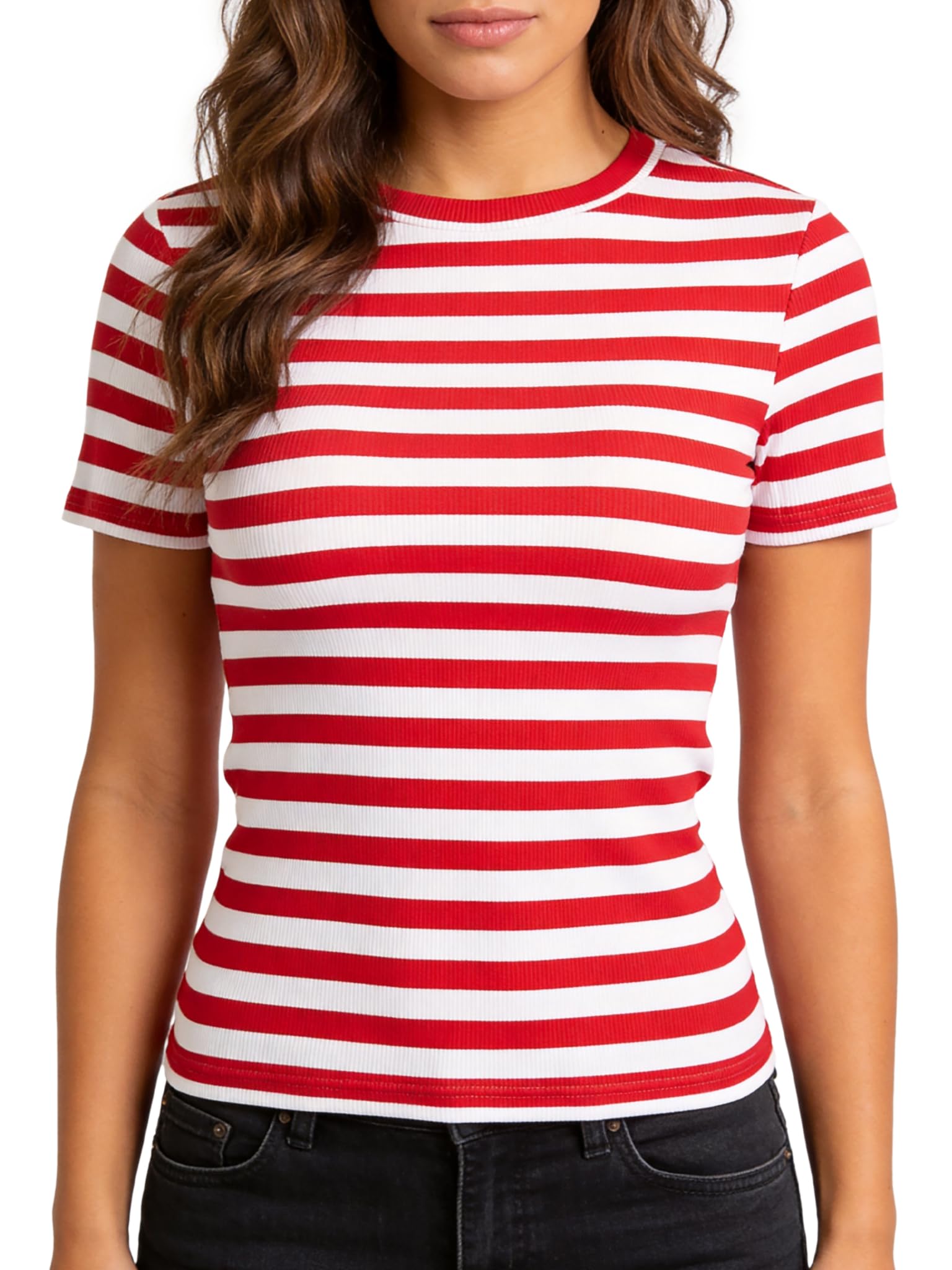 Striped Shirt Women Short Sleeve, Crewneck T-Shirts for Woman Stripes, Fitted Ribbed Tee Stretchy