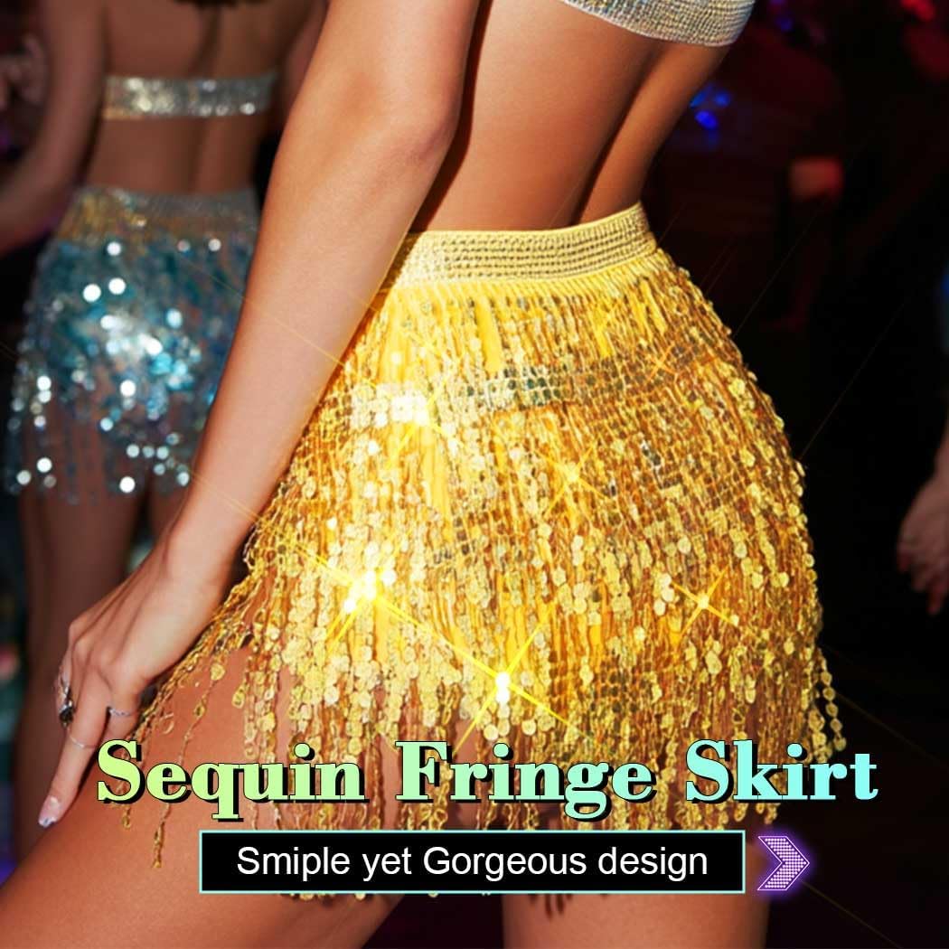 Sequin Tassel Skirt Sparkly Belly Dance Fringe Skirts Rave Festival Costume for Women