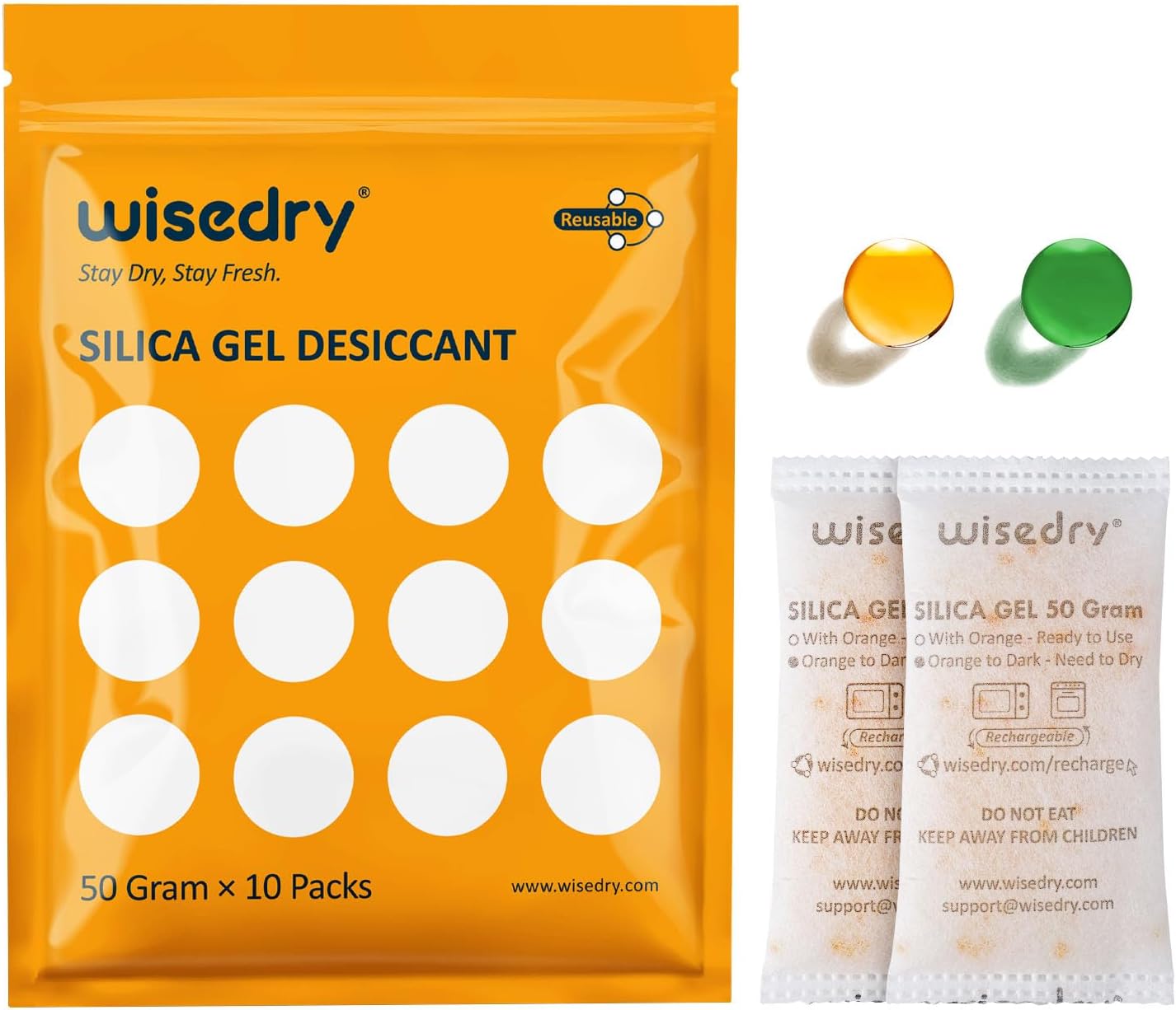 – wisedry 50 Gram [10 Packs] Silica Gel Desiccant Sachets Microwave Fast Reactivate Desiccant Bags with Indicating Beads for Closet Gun Safes Bathroom Food Grade