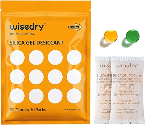 wisedry Paquetes de gel de sílice de 1.76 oz [10 paquetes] Paquetes desiccan de reactivación rápida para microondas con cuentas indicadoras