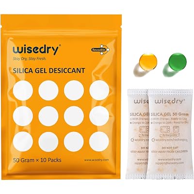 wisedry 50 Gram [10 Packs] Silica Gel Packets, Microwave Fast Reactivate Desiccant Packs with Indicating Beads, Reusable Silica Packets for 3D Filament, Drawers, Electronics, Valuables & Safes