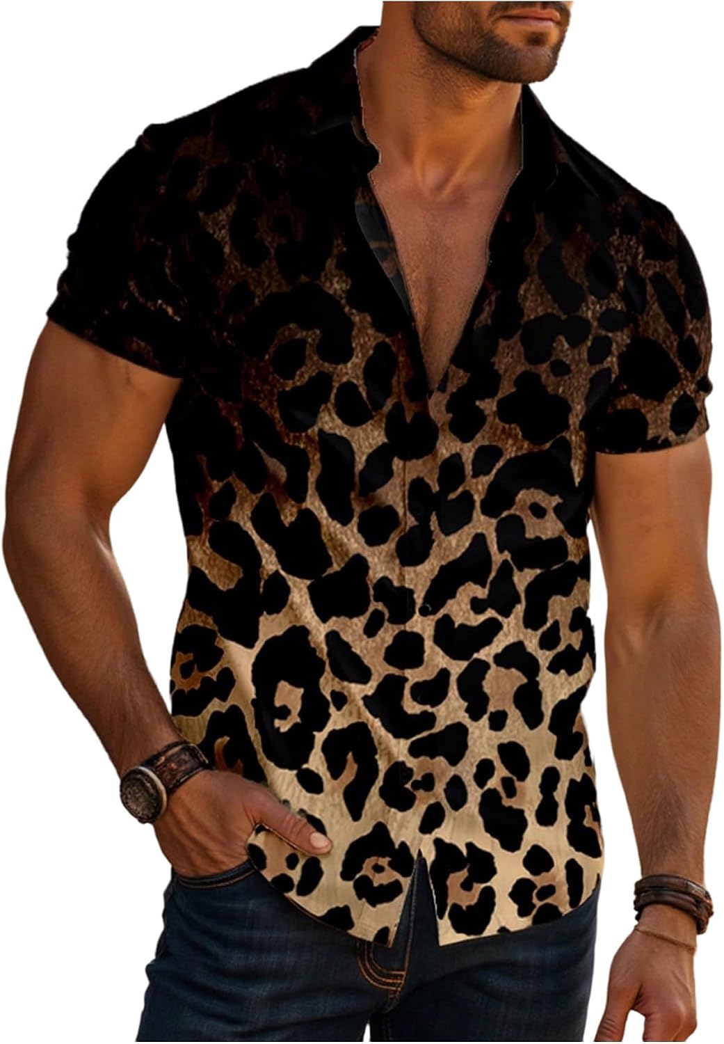 VIPWOLF Men's Leopard Print Shirt Top Button Down Short Sleeve Vintage Cheetah Shirts