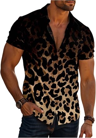VIPWOLF Mens Leopard Print Shirt Top Button Down Short Sleeve Vintage Cheetah Shirts