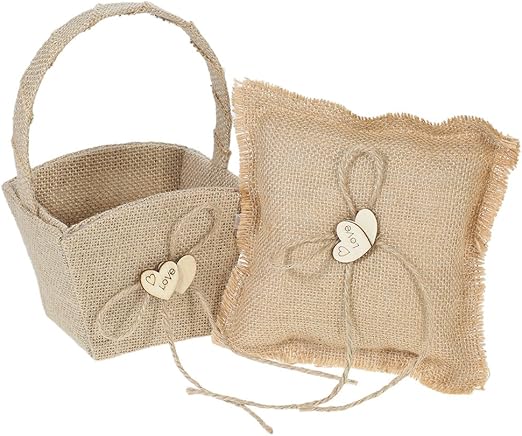 Amazon Co Jp フラワーバスケット リングピロー付き ロマンチック 花かご 黄麻布 ダブルハート キャンデー 小物入り 結婚式 ウェディング用品 花童用 ジュエリー