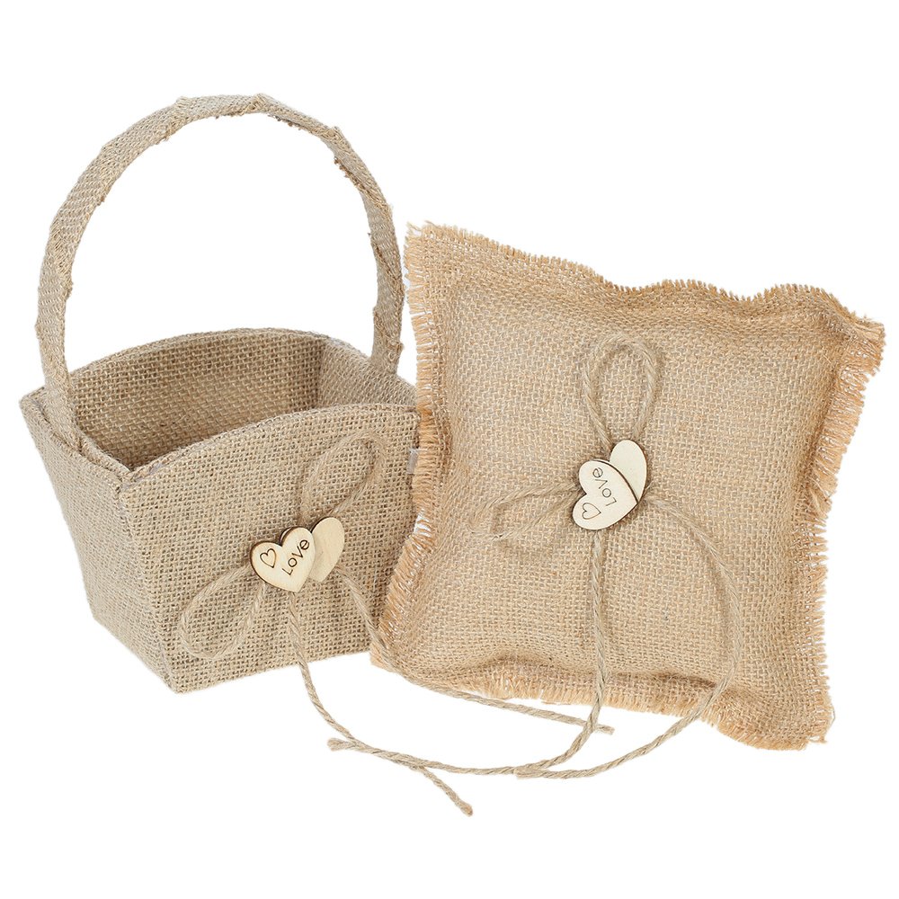 Cojín anillo arpillera vintage y cesta niña de flores para bodas