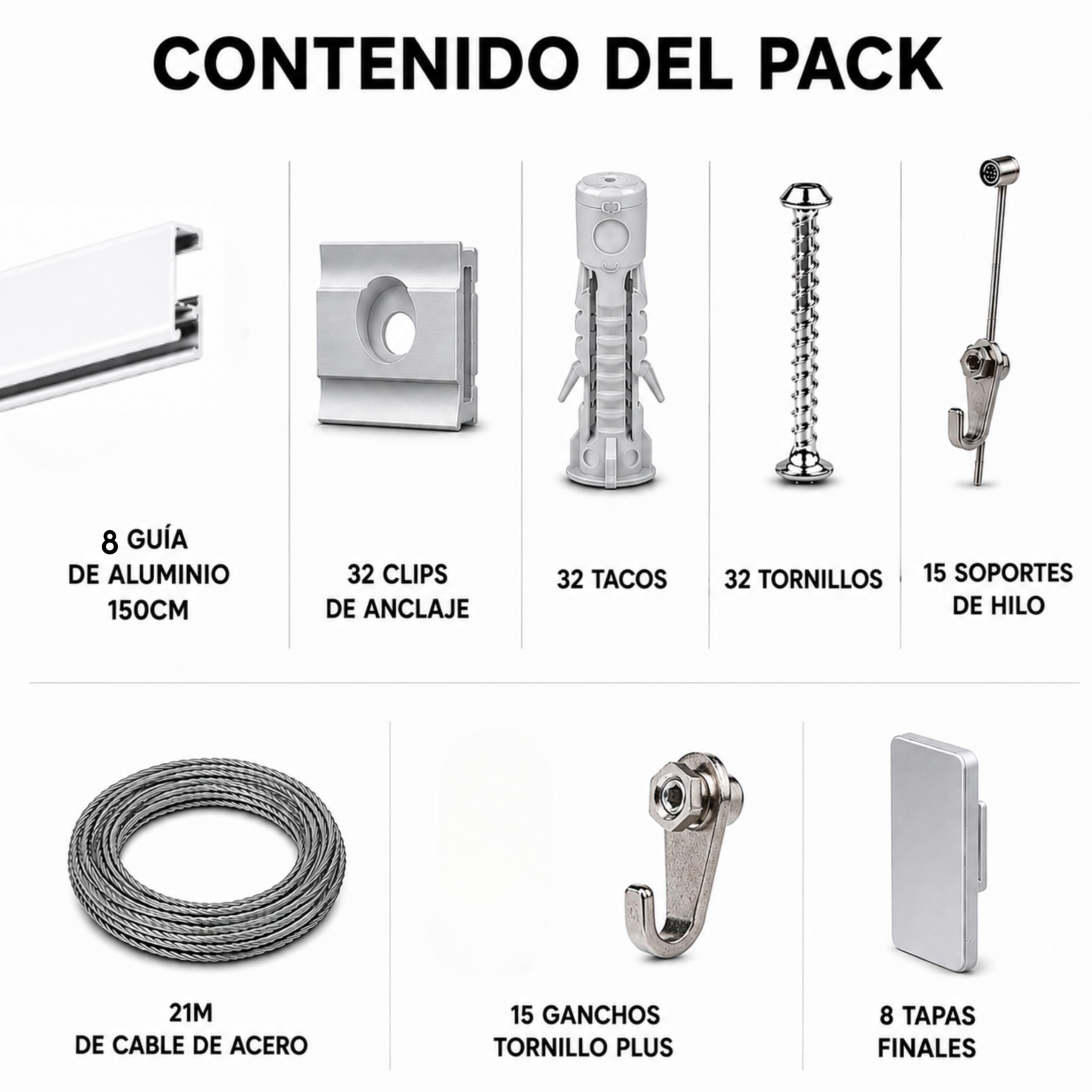 riel colgar cuadros pack 12 metros Eurohang guías aluminio Blanco mate 150 cm cable acero ganchos Tornillo Plus clips tapas tornillos