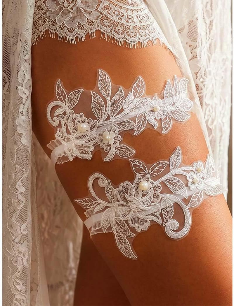 HEREAD Lace Wedding Garter White Pearl Stretch Leg Garters Leg Bridal Accessories for Women and Brides (Pack of 2)