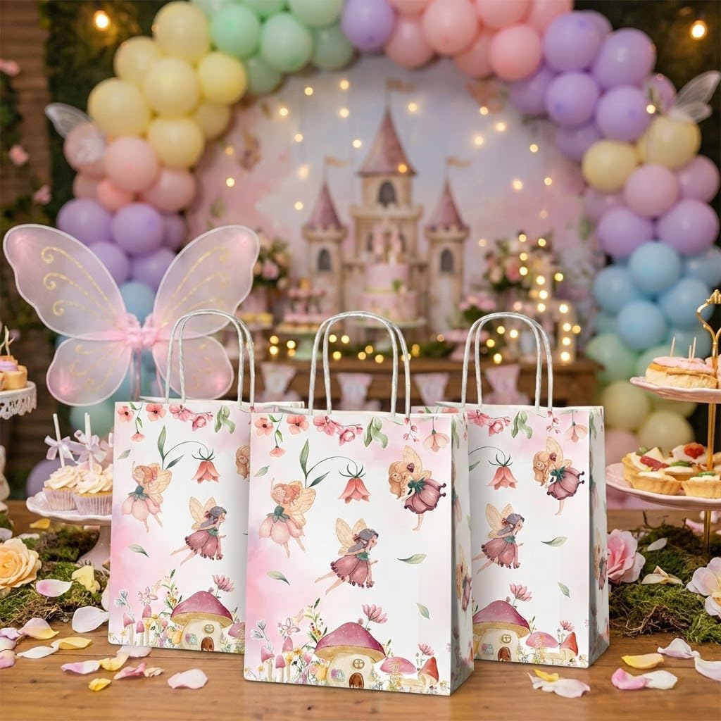 24 Pcs Fairy Party Favor Bags with Handles, Woodland Mushroom Goodie Gift Candy Treat Paper Bags for Kids Girls Baby Shower Birthday Party - Image 3
