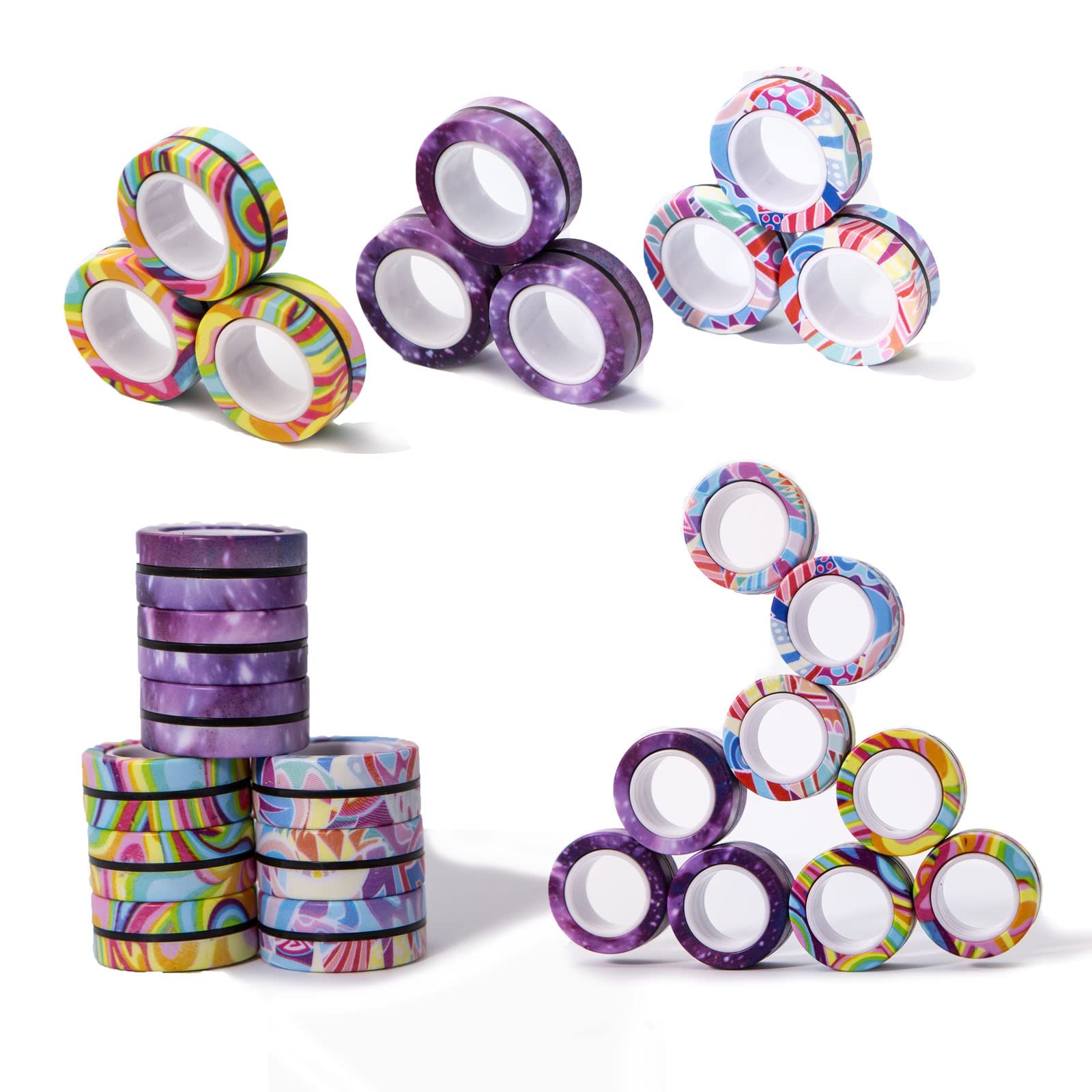Magnetic Rings Fidget Toy, Idea ADHD Fidget Toys, Stress Toys, Fidget Magnets Spinners for Anxiety Relief, Great Gift for Adults Teens Kids - Stripe, Galaxy and Camouflage (9PCS), Purple