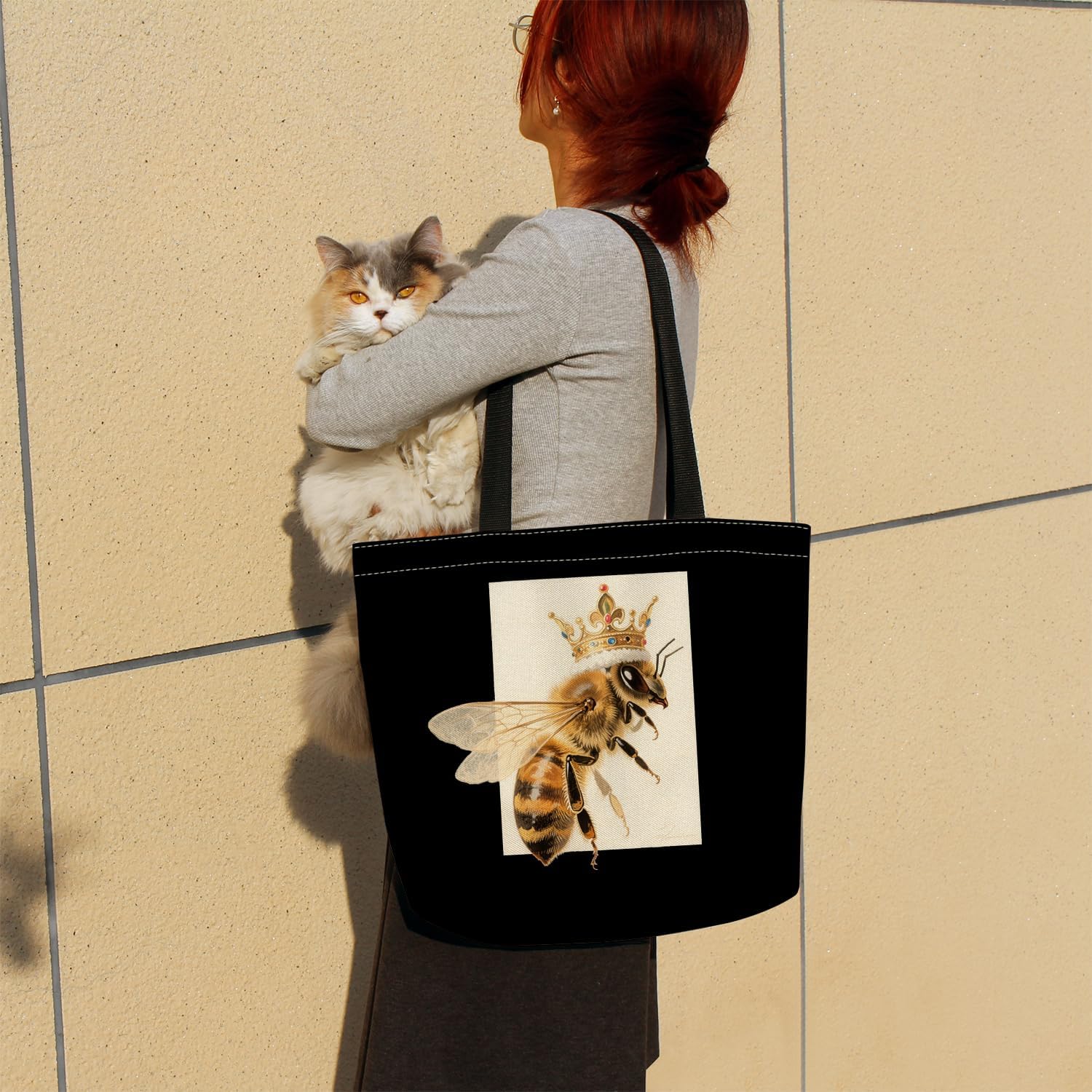 Queen Bee Reusable Grocery Tote Bag | Queen Bee Aesthetic Shopping Shoulder Handbag with Interior Zipper Pocket, Queen Bee Present for Women Friends