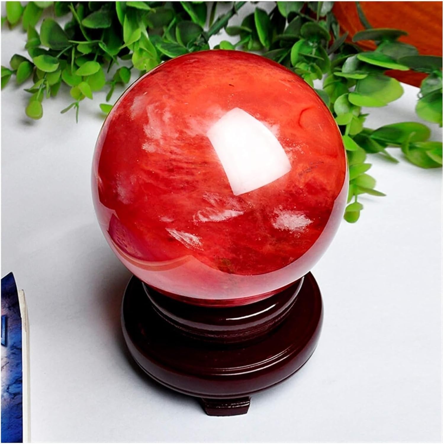 Zooeewly Red Crystal Ball,Meditation Gemstone Sphere with Base,Feng Shui Home Decoration & Spiritual Healing Prop for Reiki Divination,redcrystalball,12cm