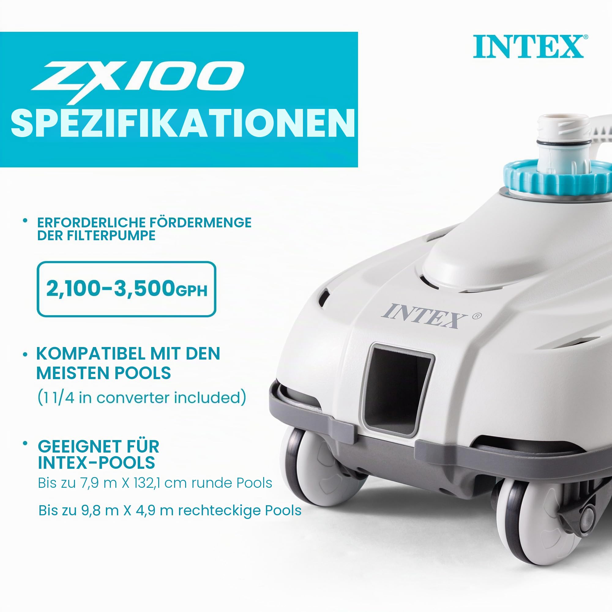 INTEX 28006E ZX100 Druckseite oberirdischer automatischer Poolreiniger: für größere Pools - reinigt den Poolboden - entfernt Schmutz - Abnehmbare Filterwanne - 6,4 m langer verwicklungsfreier Schlauch