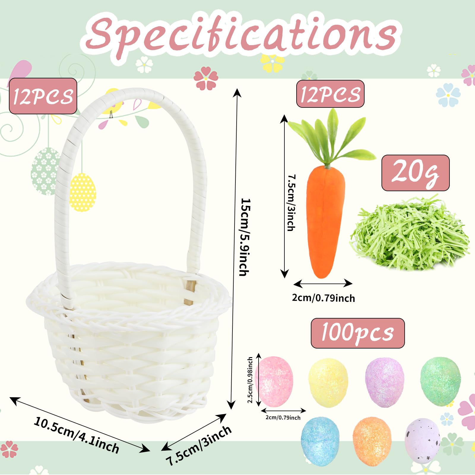 FOIMAS Confezione da 12 mini cestini pasquali con manici, 100 uova di Pasqua colorate e 12 carote in schiuma di rafia, decorazioni per capannoni per feste di Pasqua