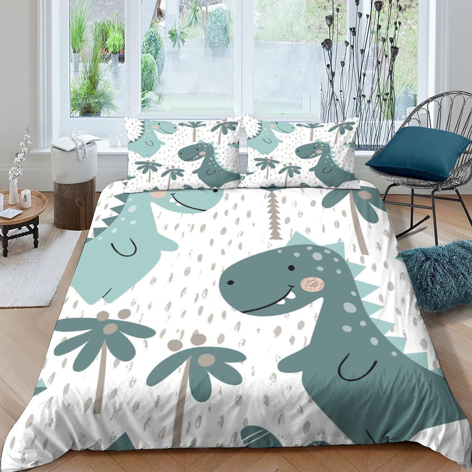 Ctjqhvkz Style-1 3D Printed Green Cartoon Dinosaur Fitted Sheet Microfiber Soft Anti-Slip Palm Tree Bed Cover For Bedroom Guest Room Single（135X200cm）