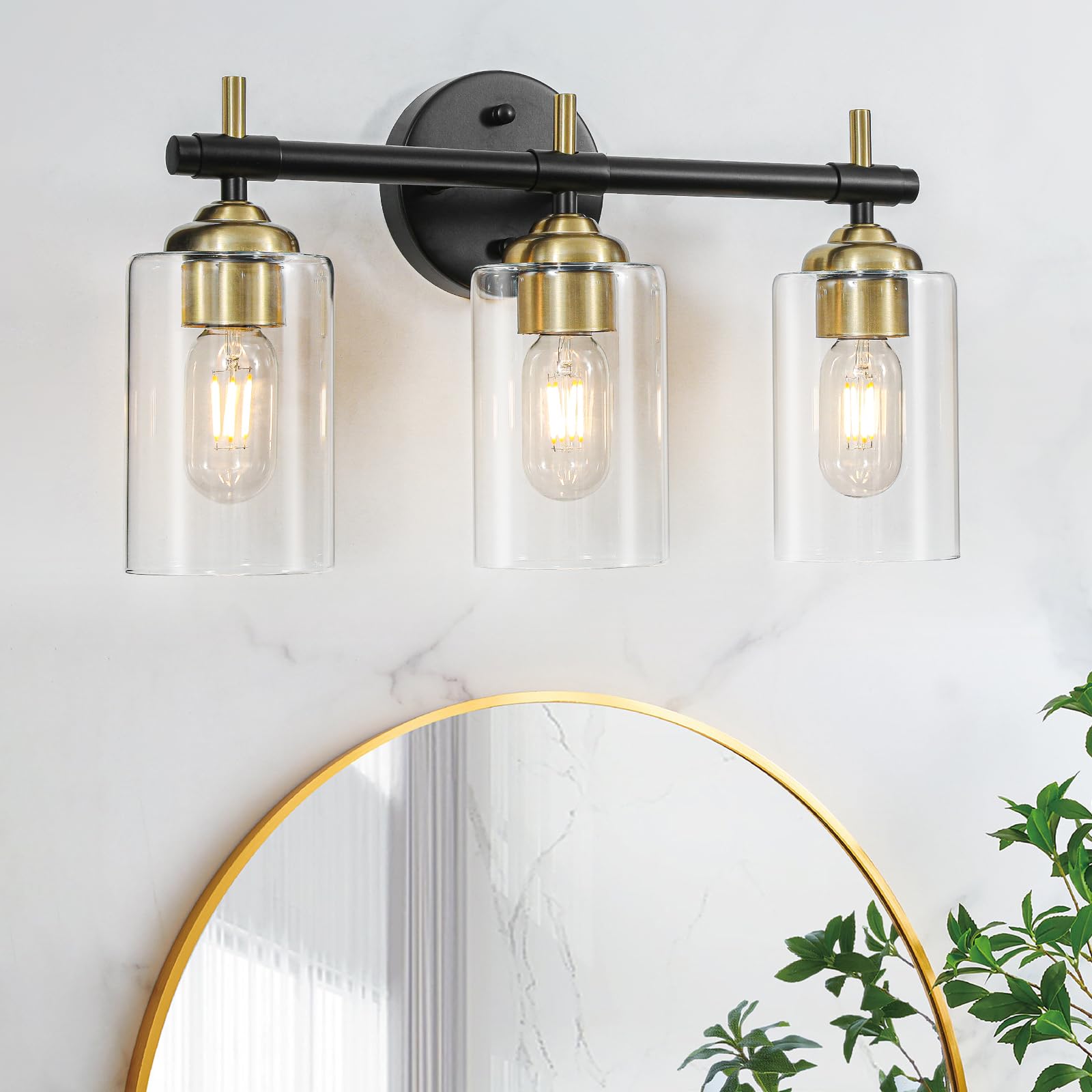 3 Light Bathroom Vanity Mirror Headlight,Black Gold Stand with Clear Glass Bathroom Light Fixture,Sturdy Metal Body and Softly Diffuses Light,Modern Gold Bathroom Vanity Mirror Headlight