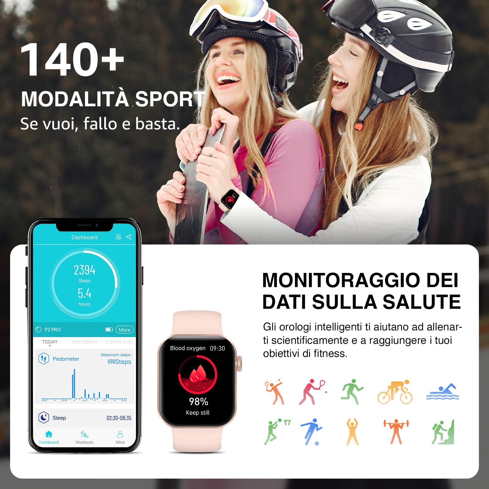 Smartwatch Uomo Donna, 1.85" Orologio Smartwatch con Effettua/Risposta Chiamate, 140 Sportive Smart Watch con Contapassi/Sonno/Cardiofrequenzimetro/SpO2, Impermeabil IP68 Smartband per Android iOS