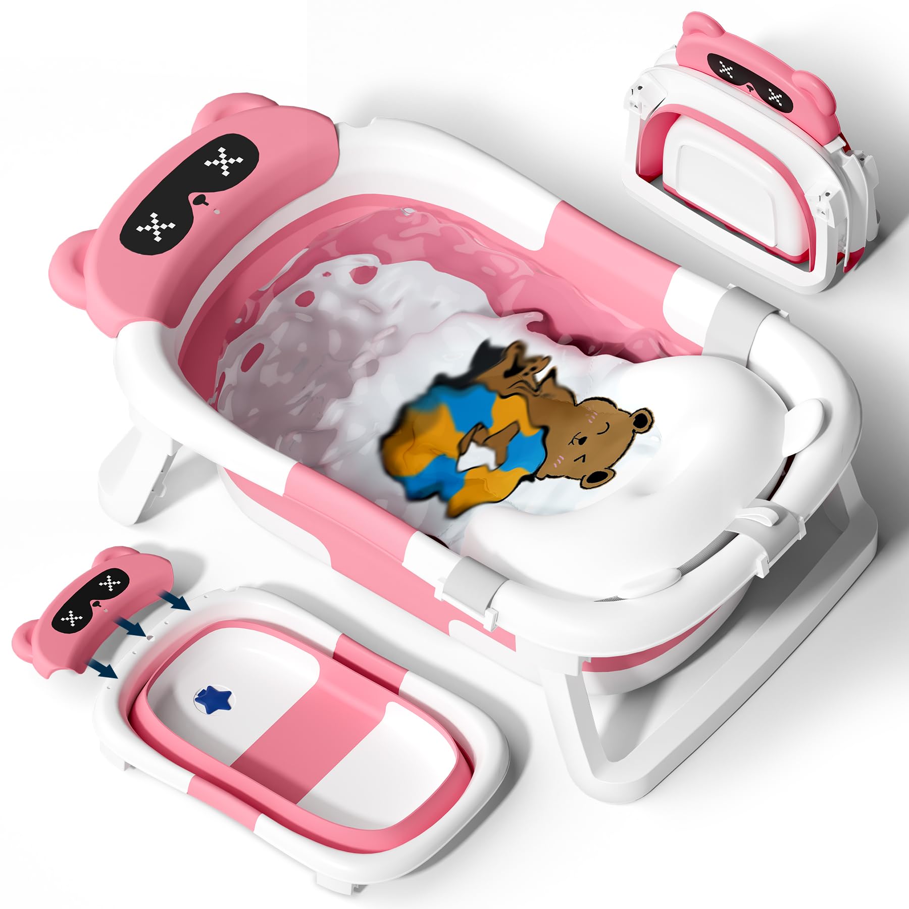 Vaschetta Bagnetto Neonato, Vasca Neonato Bagnetto Per Neonati Pieghevole Essenziale Per Il Neonato Con Cuscino (0-18 Mesi), Regalo Ideale Per Neonati E Bambini Portatile Salva Spazio, Rosa brillante
