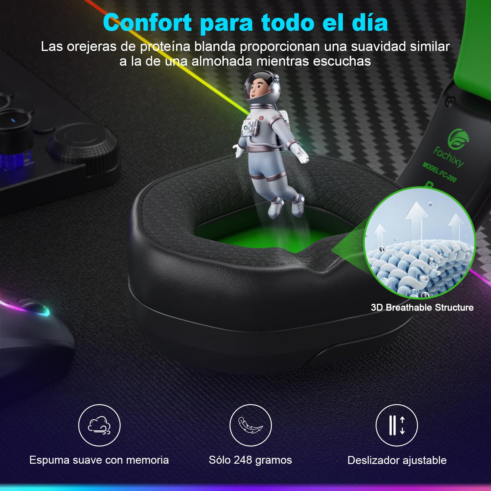 Fachixy「2025 Nuevo」FC200 Cascos Gaming Inalámbricos para PC, PS5, PS4, Auriculares Gaming Inalámbricos de 2,4GHz Wireless+Bluetooth - Baja Latencia, Duración 40Hr+, Luces RGB (Verde-Negro)