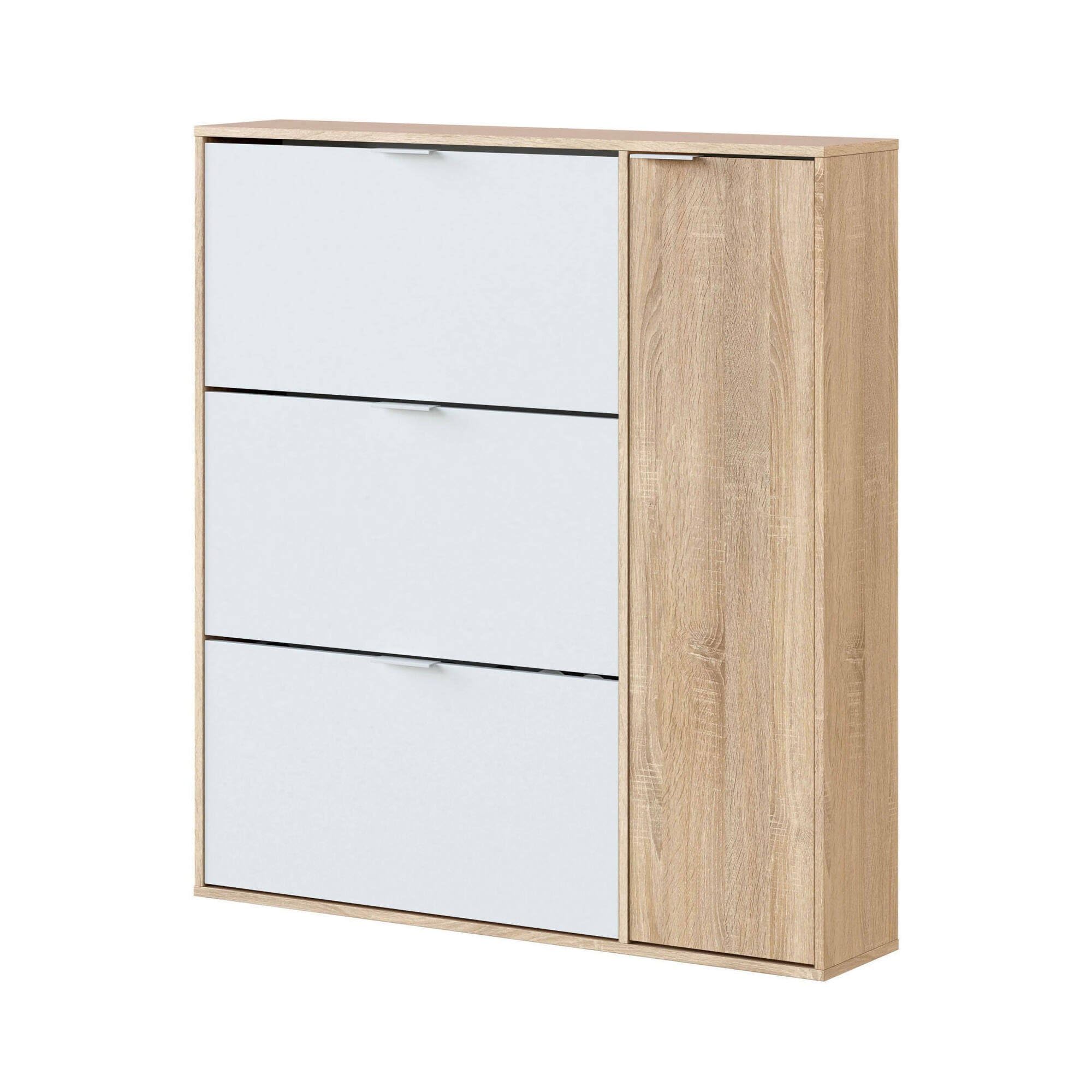 Dmora - Étagère à chaussures Provo, armoire à chaussures 4 portes, armoire basse polyvalente avec 5 étagères, étagère à chaussures moderne, 106x22h115 cm, chêne et blanc