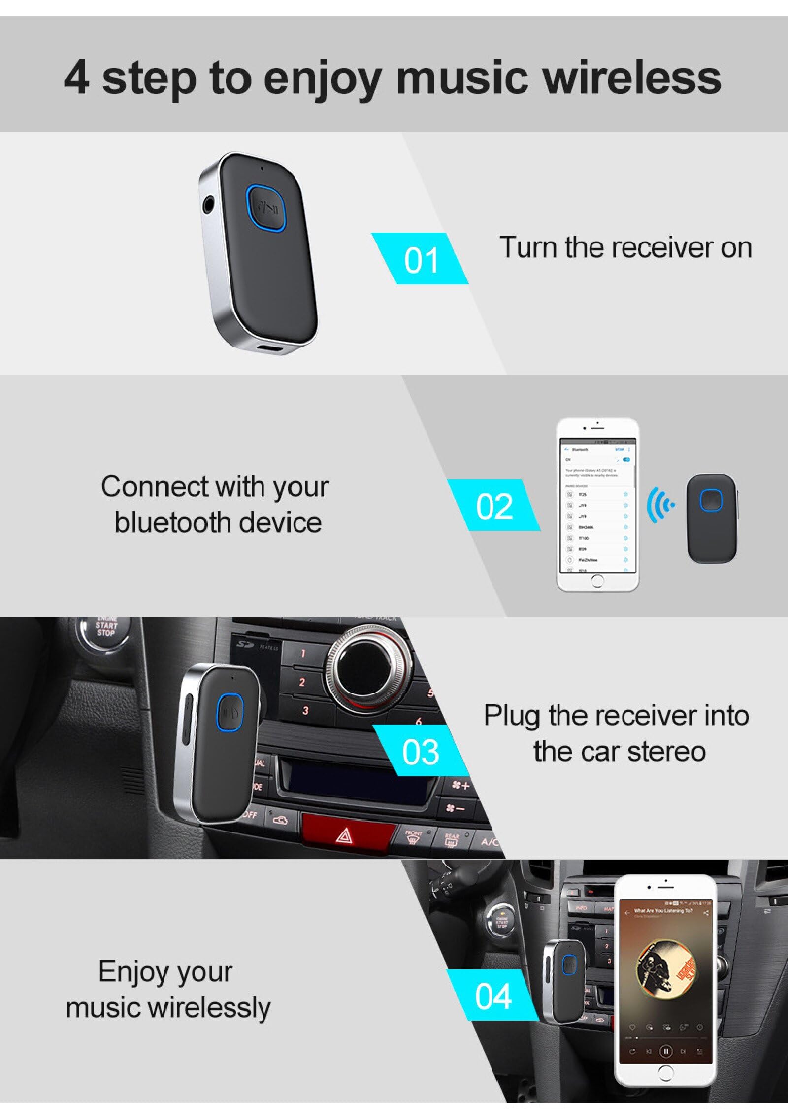 Bluetooth 5.0 Empfänger mit 3,5 mm AUX Auto-Bluetooth-Adapter, Sound-Adapter für Auto-Stereo-Stereo-Headset-Lautsprecher, Freisprechen, Geräuschunterdrückung