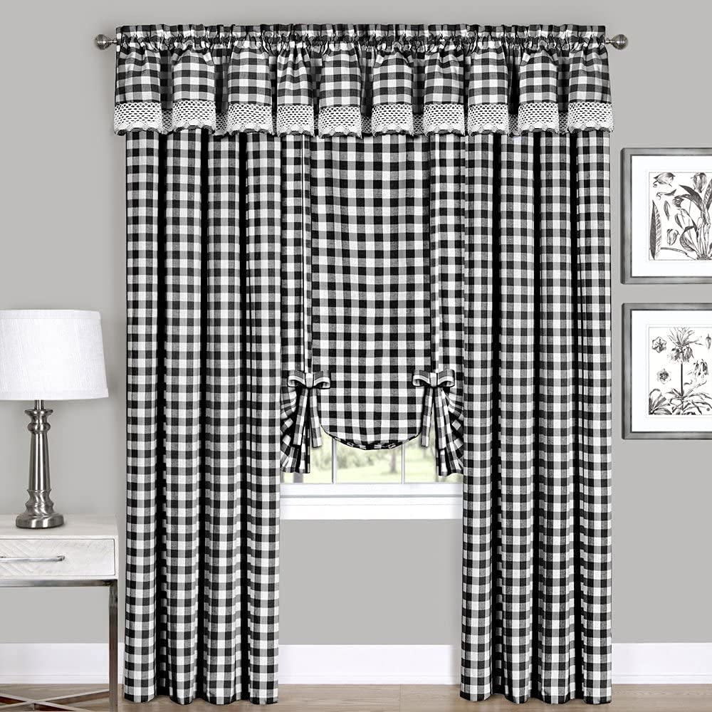 Woven Trends Farmhouse Curtains Kitchen Decor, Buffalo Plaid Single Panel, Classic Country Plaid Gingham Checkered Design, Farmhouse Decor, Window Curtain Treatments (Black, 42