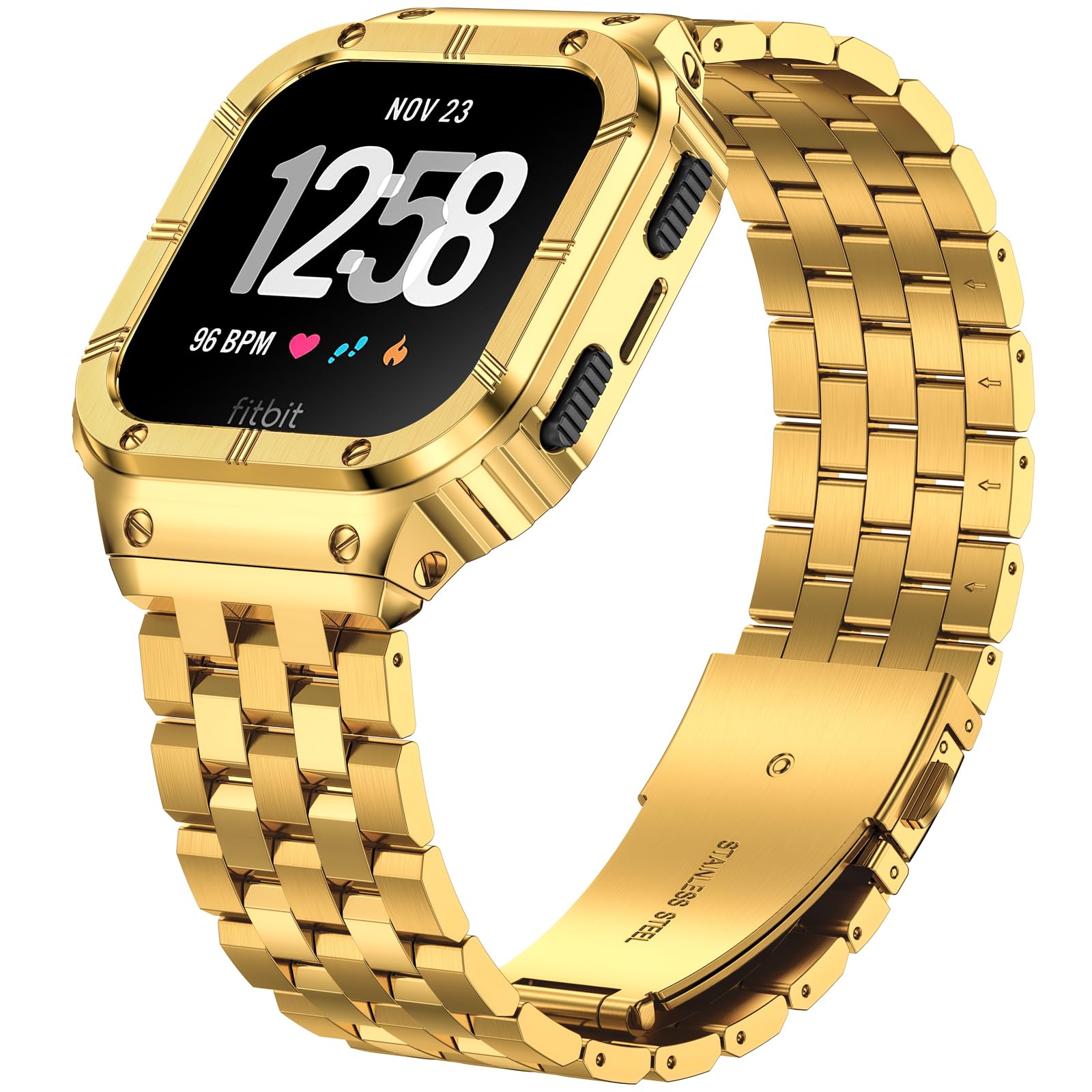 SUPLINK Stainless Steel Case and Bands Compatible with Fitbit Sense Bands/Versa/Versa2/Versa 4/Fitbit Versa 3 Bands Men, Metal Cover Straps for Fitbit Sense 2/Fitbit Versa Lite Watch Band,Gold
