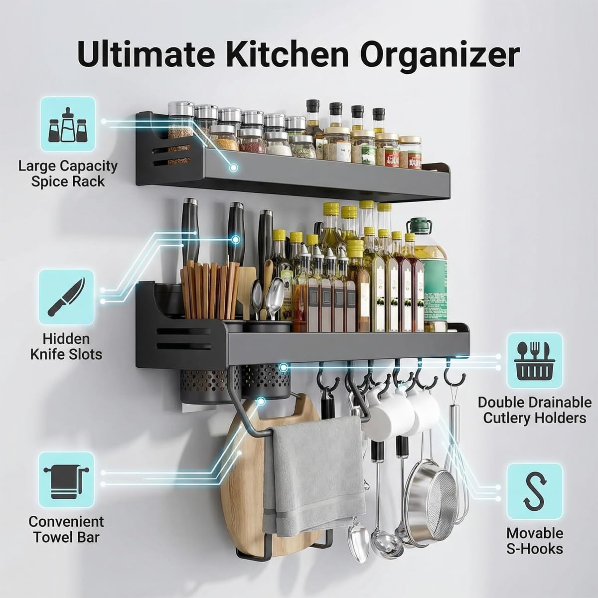 Portaspezie da parete, mensole da appendere, mensola da parete per cucina, organizer per barattoli di spezie e bottiglie di condimento, nero, 60 cm