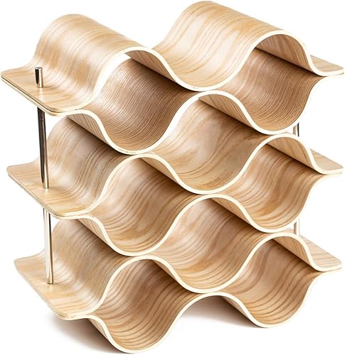 Miniatura 1 de Botellero de escritorio de 9 botellas de 6 niveles Wave para encimera, soporte para botellas de almacenamiento de vino, madera, moderno y minimalista