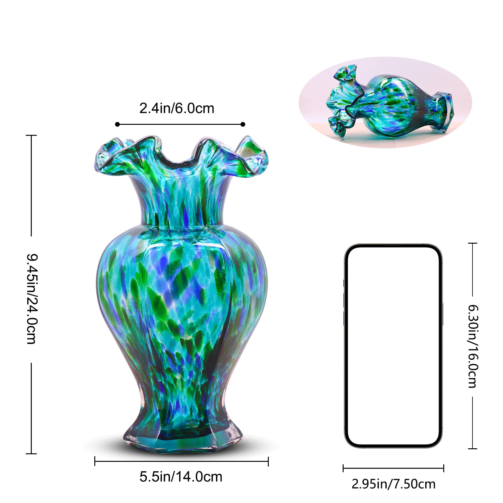 LCCCK Jarrón de Cristal Azul Turquesa de 9.5 Pulgadas de Alto, Hermoso jarrón de Flores de Vidrio soplado a Mano para centros de Mesa, Moderno jarrón de Cristal de Murano, para decoración del hogar