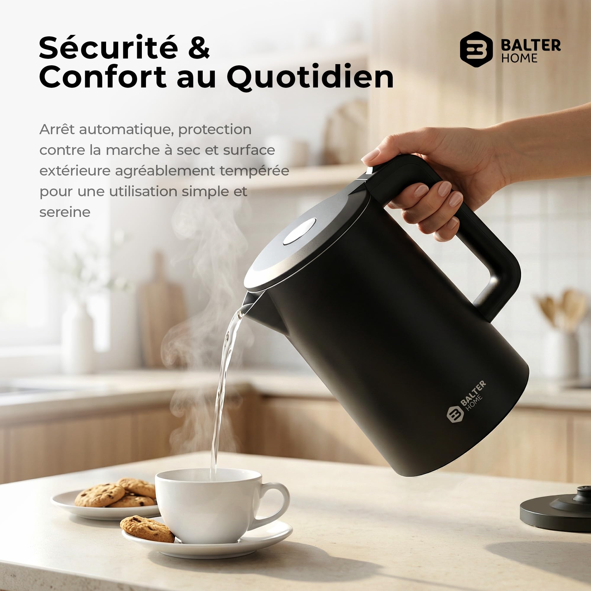 Balter Bouilloire électrique, Bouilloire inox, 1,7 l, design à double paroi, kettle, sans BPA, LED, silencieuse, noire